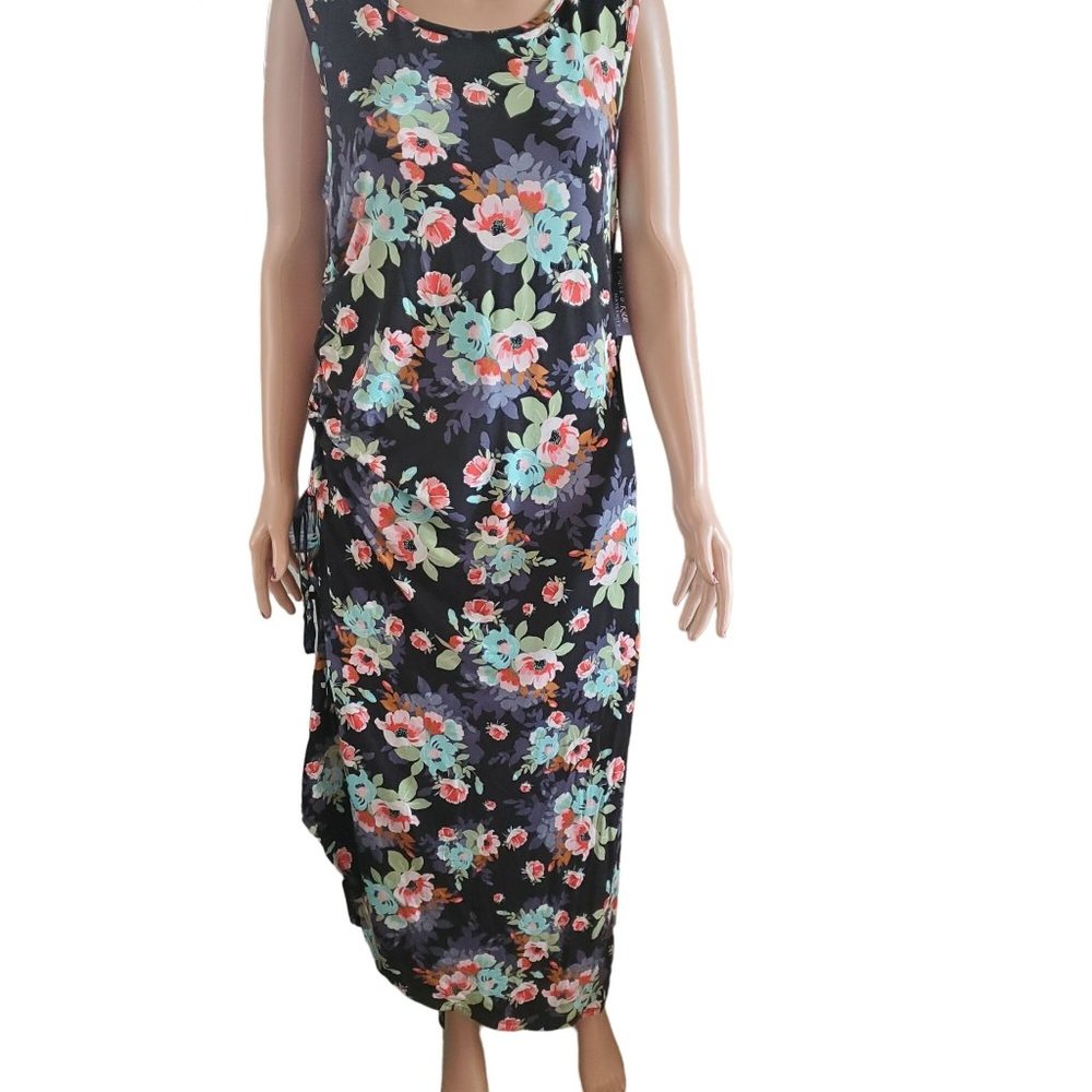 NEW Flutter & Kick Maternity Size L Floral Maxi Length Side Ruched Tank Dress